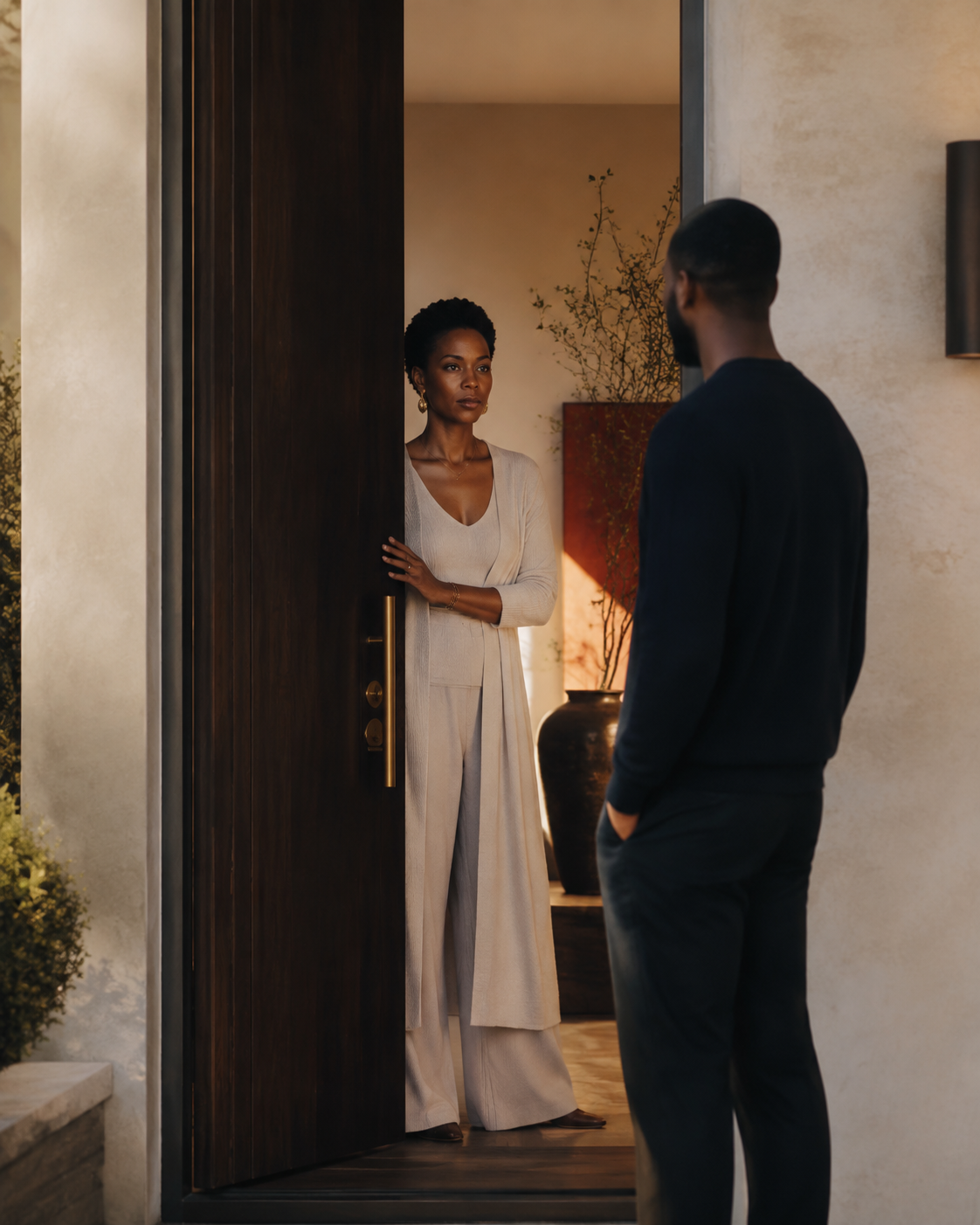A woman calmly holding a doorway boundary while someone remains outside