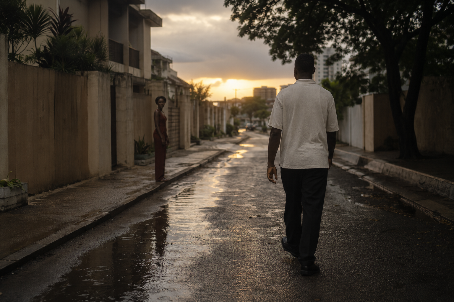 A person walking away along a rain-washed Accra street at sunset