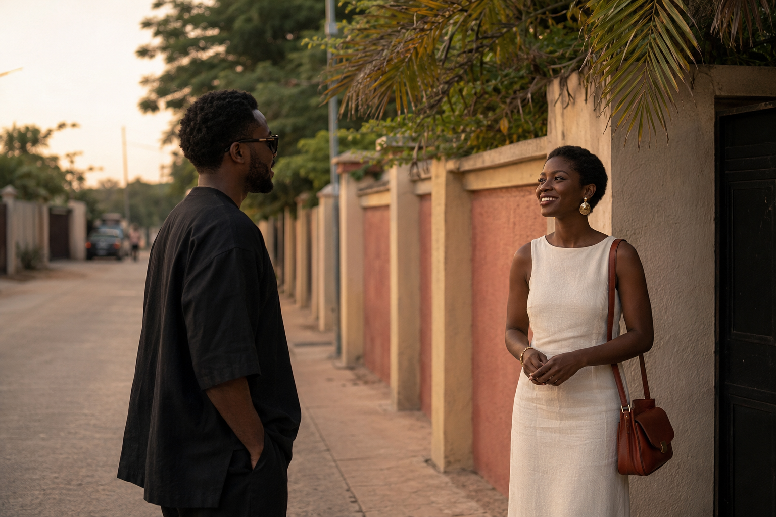 Two strangers meeting on a quiet Accra street