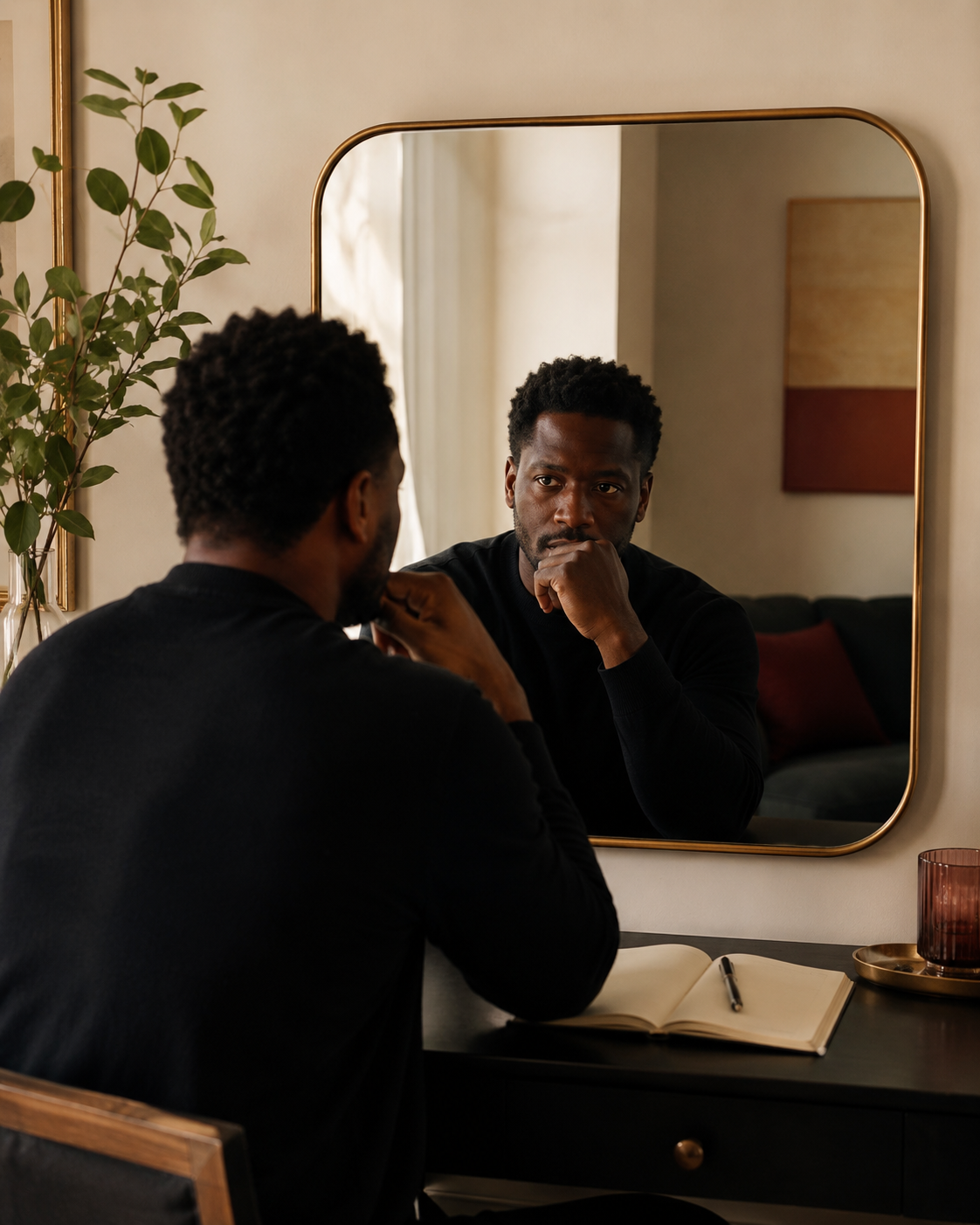 A thoughtful man looking at his reflection beside an open journal